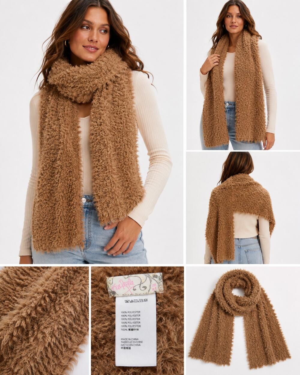 Free People Brown Teddy Fuzzy Shag Scarf Long Boho Cozy Winter Wrap 12" x  88"